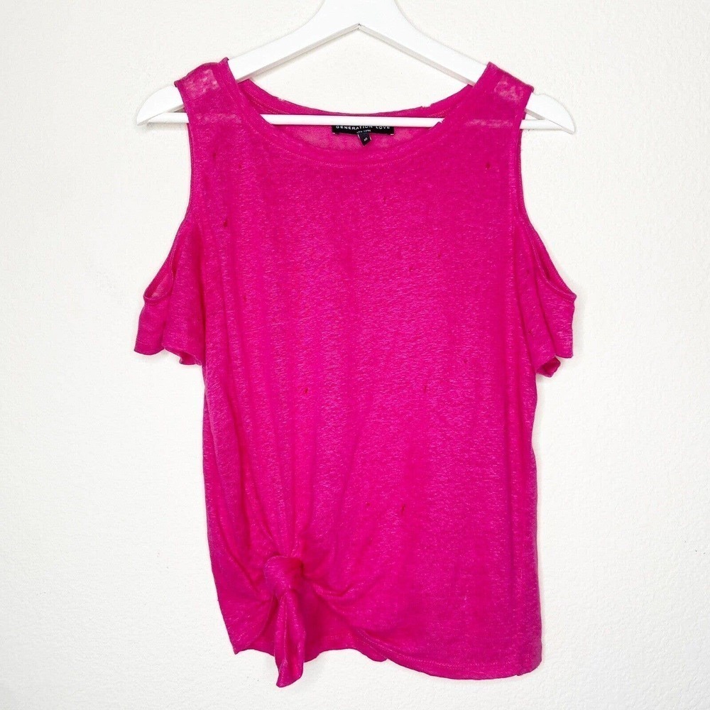 Generation Love Distressed Cold Shoulder Tie Waist Pink Linen Tee XS